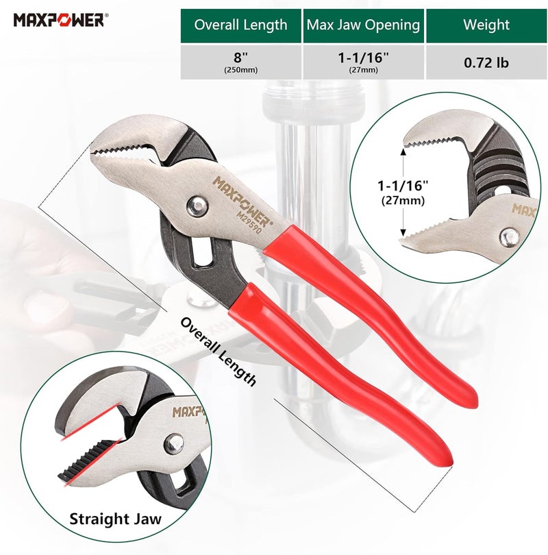 Max Power Groove Joint Pliers Set, 8 inch and 12 inch Quick Adjustable Serrtated V Jaw Tongue and Groove Pliers - Image 3